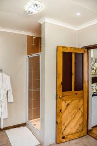 a bathroom with a shower and a wooden door at Van Dykshuis Guest House in Heidelberg