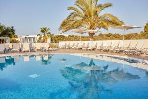 a pool with chairs and umbrellas and a palm tree at Monsuau Cala D'Or Hotel 4 Sup - Adults Only in Cala d´Or