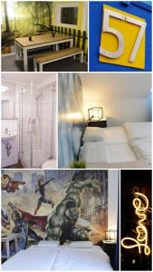 collage of photos of a bedroom with a pavder man mural w obiekcie Pforzheim Ferienhaus w mieście Pforzheim