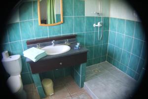 a bathroom with a sink and a toilet and a mirror at Domaine des Oiseaux Réunion in Saint-André