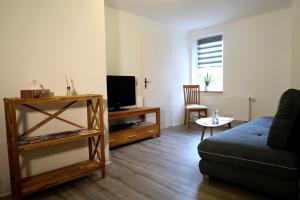 ein Wohnzimmer mit einem Sofa und einem TV in der Unterkunft Haus zum Römer in Arnstadt