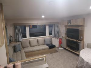 uma sala de estar com um sofá e uma televisão de ecrã plano em Tattershall Lakes 2020 8 Berth Caravan With Hot Tub em Tattershall