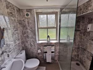 a bathroom with a toilet and a sink and a window at The Mill Hotel in Stone