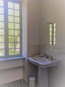 a white bathroom with a sink and a mirror at Maison du Moulin in Donzy