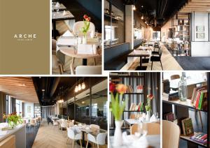 een collage van foto's van een restaurant met tafels en stoelen bij Arche Hotel Lublin in Lublin
