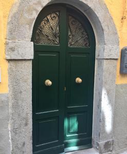 a green door in a building with a stone wall at Alessia House in Bagnoregio