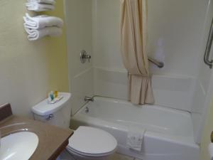 La salle de bains est pourvue de toilettes, d'un lavabo et d'une baignoire. dans l'établissement American Inn, à Sedalia