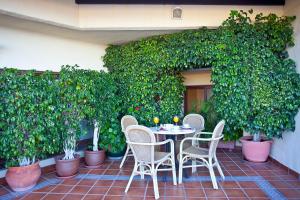 a patio with a table and chairs and plants at Hotel Apartamentos Princesa Playa in Marbella