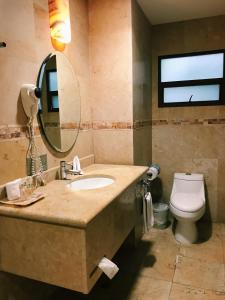 La salle de bains est pourvue d'un lavabo, de toilettes et d'un miroir. dans l'établissement Hotel Casa las Mercedes, à Oaxaca