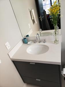 een badkamer met een witte wastafel en een spiegel bij Moderno Oca Moema in Sao Paulo