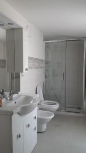 La salle de bains est pourvue de toilettes, d'un lavabo et d'une douche. dans l'établissement ALLOGGI DEL SOLE, à Polignano a Mare