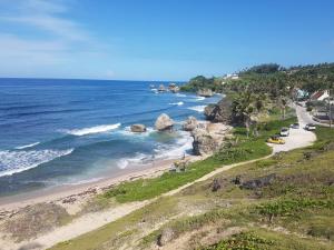 an aerial view of a beach with rocks and the ocean at Breezy Apts in Saint Philip