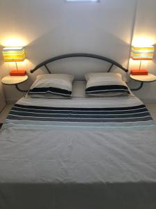 a bedroom with a bed with two lamps on it at Bel appartement in Le Moule