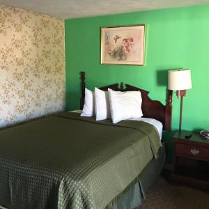 um quarto com uma cama com uma parede verde em Travelers Inn Olney em Olney