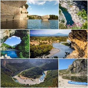 un collage di foto che mostrano diversi tipi di rocce e acqua di Le Mas di Ro a Saint-Martin-dʼArdèche