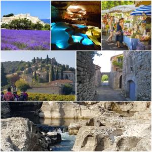 a collage of photos with purple flowers and buildings at Le Mas di Ro in Saint-Martin-dʼArdèche