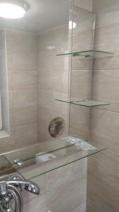 y baño con ducha y estante de cristal. en Самостоятелен етаж от къща за гости en Haskovo