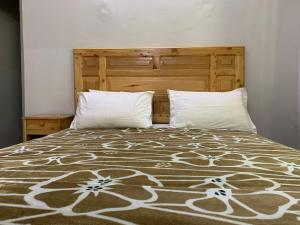 a bedroom with a bed with two pillows at Naveed Tourist Inn in Gilgit