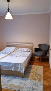 - une chambre avec un lit et une chaise dans l'établissement Cozy&Comfy Apartment in the Center of Prishtina, à Pristina