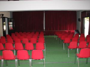 a row of red chairs in a auditorium at Hotel Villa Flora in Roncegno