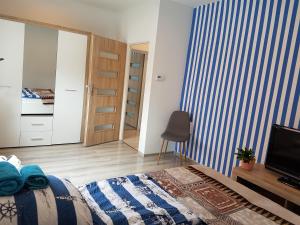 1 dormitorio con 1 cama y TV en Apartament przy plaży, en Mikołajki