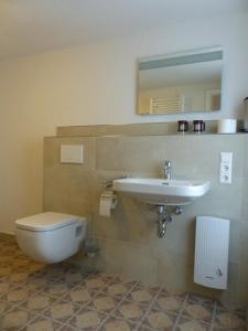 ein Badezimmer mit Waschbecken, Toilette und Spiegel in der Unterkunft Schusters Haus in Boppard