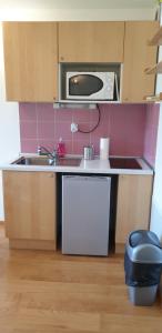a small kitchen with a sink and a microwave at Studio au pied des pistes Briançon Serre Chevalier in Briançon