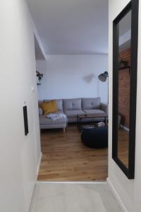uma sala de estar com um sofá e um espelho em Luxurious apartment 3 min walk to city center - snack, beverages included in price em Spišská Nová Ves
