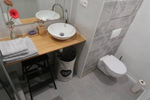 a bathroom with a sink and a toilet at Luxurious apartment 3 min walk to city center - snack, beverages included in price in Spišská Nová Ves