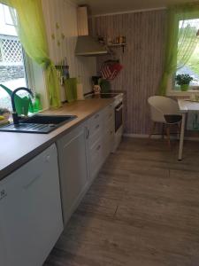 a kitchen with a sink and a counter top at Lille Villa Severin in Mosterhamn
