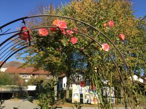 un arco de metal con flores rosas en un jardín en Annenhof en Bad Birnbach