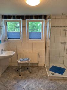 a bathroom with a shower and a sink at Haus Gorch Fock in Neuharlingersiel