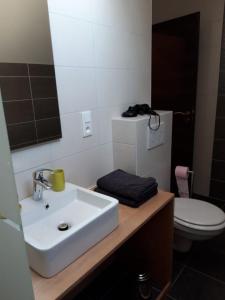 a bathroom with a white sink and a toilet at Gîte De La Ferme in Gundolsheim