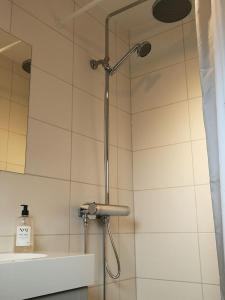 a shower with a shower head in a bathroom at Hytten Skanör in Skanör med Falsterbo