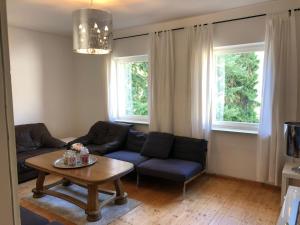 sala de estar con sofá y mesa en Nürburgring Ferienhaus m. Parkplatz - Klima - Garten und viel Platz, en Adenau
