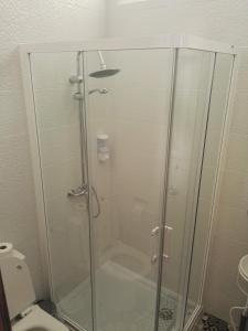 a glass shower in a bathroom with a toilet at Casa da Rainha in Azambuja