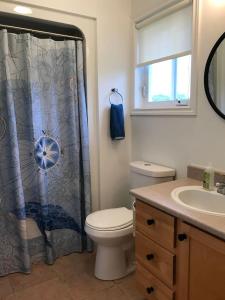 a bathroom with a toilet and a shower curtain at Private Waterfront Luxury on the Bras D'Or Lake in Sydney Forks