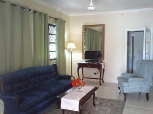 ein Wohnzimmer mit einem blauen Sofa und einem Tisch in der Unterkunft Gillys Dream in Nassau