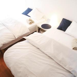 duas camas sentadas uma ao lado da outra num quarto em Izumi Apartment em Osaka
