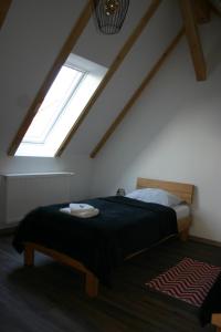 Schlafzimmer mit einem Bett und einem großen Fenster in der Unterkunft Apartment Jakobsweg GbR in Pettstädt