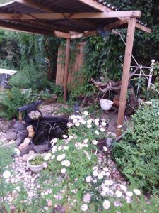 a garden with a wooden pergola and flowers at Pieschen Hertz _toller Preis in Dresden