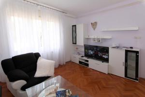 ein Wohnzimmer mit einem schwarzen Sofa und einem TV in der Unterkunft Apartman Branka in Ližnjan