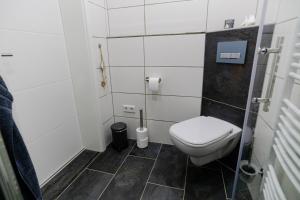 a small bathroom with a toilet and a shower at Ferienwohnung Essen - Zentral im Ruhrgebiet in Essen