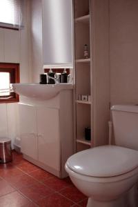 een badkamer met een witte wastafel en een toilet bij Ferienpark Vislust Haus Angel Niederlande Ijsselmeer in Wervershoof