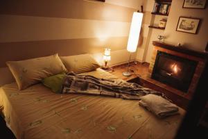 een ongeëvenaard bed in een slaapkamer met een open haard bij ALLEGRETTI'S HOUSE VENOSA, ospitalità e accoglienza in Venosa