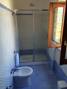 y baño con ducha, aseo y lavamanos. en Il Canto Dei Venti, en Montecorice
