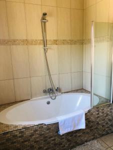 a bath tub with a shower in a bathroom at A Contempo Guesthouse in Bloemfontein