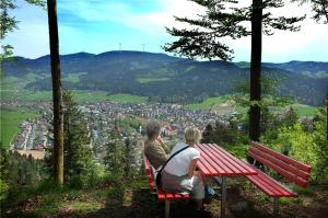 Dos personas sentadas en un banco con vistas a una ciudad en Ferienwohnung Claudi, en Zell am Harmersbach