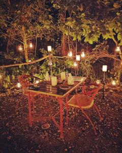 a wooden table with two chairs and lights at Barahi Jungle Lodge in Meghauli