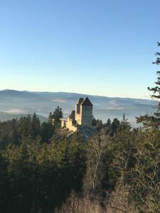 un vecchio edificio in cima a una collina con alberi di Apartmán na náměstí a Kašperské Hory